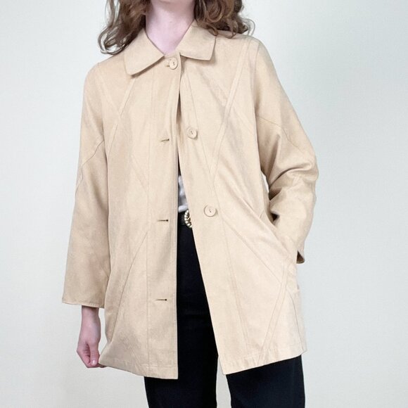 Vintage 90s Y2K Long Faux Suede Leather Peacoat Trench Jacket Quiet Luxury Coat - Picture 1 of 9